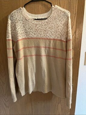 beachlunchlounge Cream Sweater with Blush Stripe & Leopard Yoke